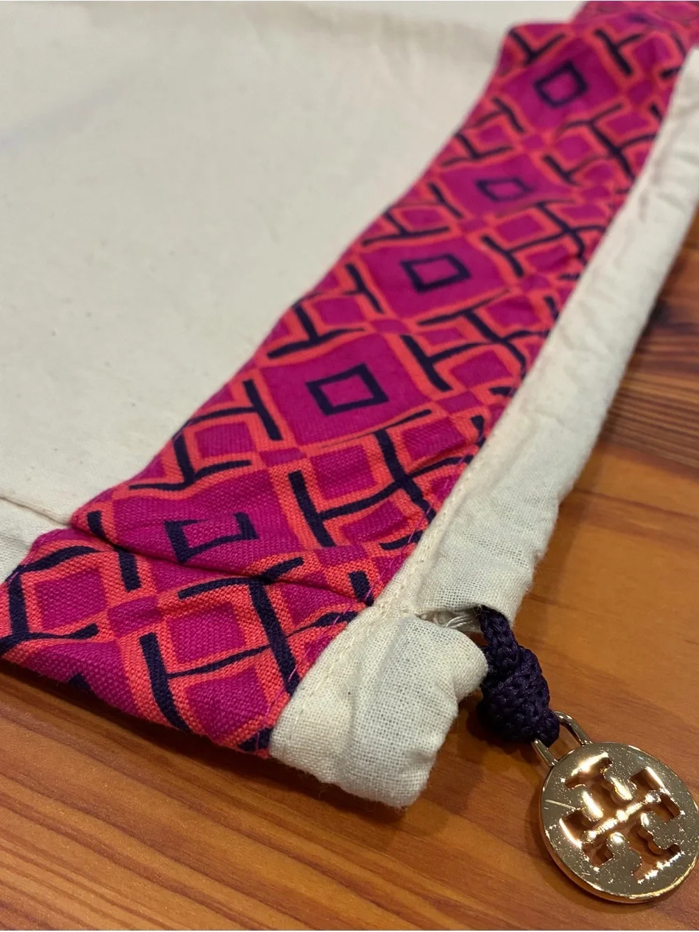 Tory Burch Pink Geometric Canvas Dust Bag with Gold Logo Charm